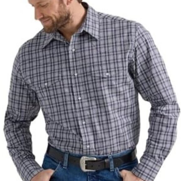 Wrangler Men's Long Sleeve Classic Fit Plaid Snap Western Shirt Grey - Picture 1 of 3